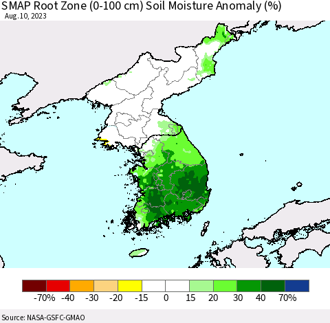 Korea SMAP Root Zone (0-100 cm) Soil Moisture Anomaly (%) Thematic Map For 8/6/2023 - 8/10/2023