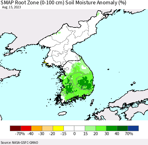 Korea SMAP Root Zone (0-100 cm) Soil Moisture Anomaly (%) Thematic Map For 8/11/2023 - 8/15/2023