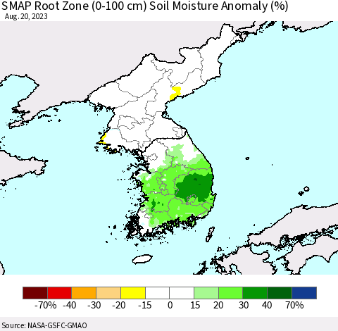 Korea SMAP Root Zone (0-100 cm) Soil Moisture Anomaly (%) Thematic Map For 8/16/2023 - 8/20/2023
