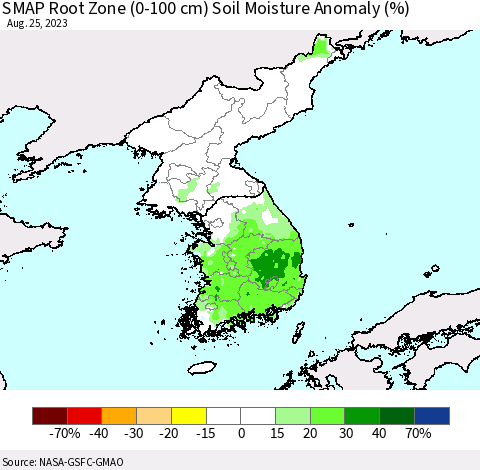 Korea SMAP Root Zone (0-100 cm) Soil Moisture Anomaly (%) Thematic Map For 8/21/2023 - 8/25/2023