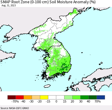 Korea SMAP Root Zone (0-100 cm) Soil Moisture Anomaly (%) Thematic Map For 8/26/2023 - 8/31/2023