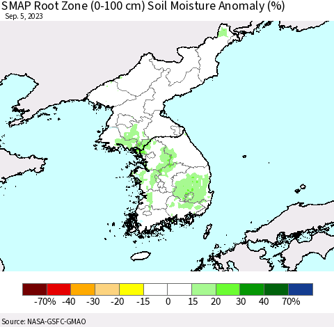 Korea SMAP Root Zone (0-100 cm) Soil Moisture Anomaly (%) Thematic Map For 9/1/2023 - 9/5/2023