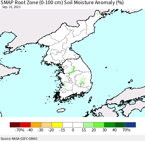 Korea SMAP Root Zone (0-100 cm) Soil Moisture Anomaly (%) Thematic Map For 9/6/2023 - 9/10/2023