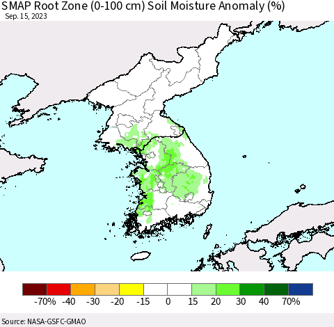 Korea SMAP Root Zone (0-100 cm) Soil Moisture Anomaly (%) Thematic Map For 9/11/2023 - 9/15/2023
