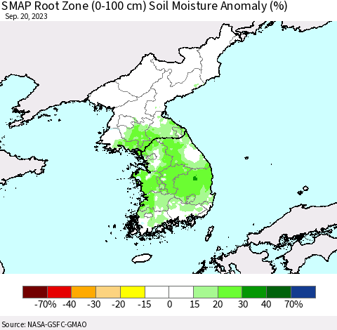 Korea SMAP Root Zone (0-100 cm) Soil Moisture Anomaly (%) Thematic Map For 9/16/2023 - 9/20/2023