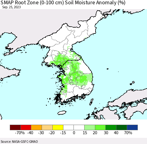 Korea SMAP Root Zone (0-100 cm) Soil Moisture Anomaly (%) Thematic Map For 9/21/2023 - 9/25/2023