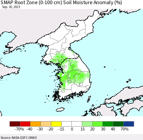 Korea SMAP Root Zone (0-100 cm) Soil Moisture Anomaly (%) Thematic Map For 9/26/2023 - 9/30/2023