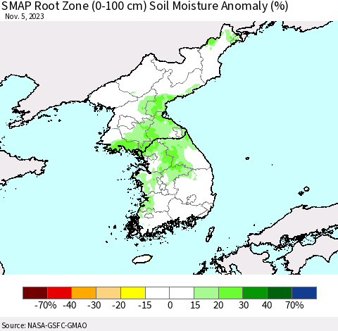 Korea SMAP Root Zone (0-100 cm) Soil Moisture Anomaly (%) Thematic Map For 11/1/2023 - 11/5/2023