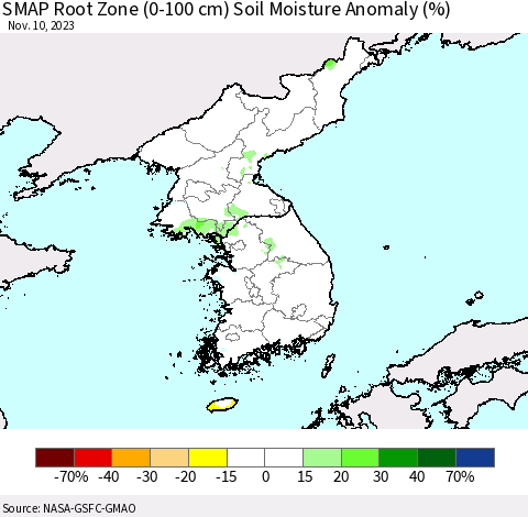 Korea SMAP Root Zone (0-100 cm) Soil Moisture Anomaly (%) Thematic Map For 11/6/2023 - 11/10/2023