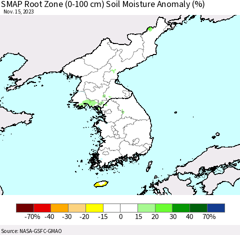 Korea SMAP Root Zone (0-100 cm) Soil Moisture Anomaly (%) Thematic Map For 11/11/2023 - 11/15/2023