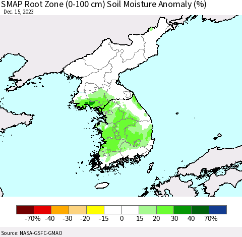 Korea SMAP Root Zone (0-100 cm) Soil Moisture Anomaly (%) Thematic Map For 12/11/2023 - 12/15/2023