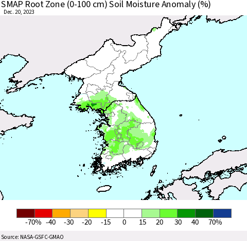 Korea SMAP Root Zone (0-100 cm) Soil Moisture Anomaly (%) Thematic Map For 12/16/2023 - 12/20/2023
