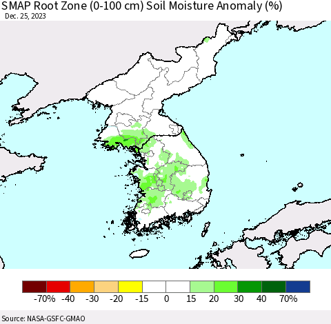 Korea SMAP Root Zone (0-100 cm) Soil Moisture Anomaly (%) Thematic Map For 12/21/2023 - 12/25/2023