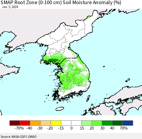 Korea SMAP Root Zone (0-100 cm) Soil Moisture Anomaly (%) Thematic Map For 1/1/2024 - 1/5/2024