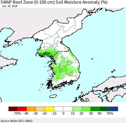 Korea SMAP Root Zone (0-100 cm) Soil Moisture Anomaly (%) Thematic Map For 1/6/2024 - 1/10/2024