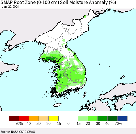 Korea SMAP Root Zone (0-100 cm) Soil Moisture Anomaly (%) Thematic Map For 1/16/2024 - 1/20/2024