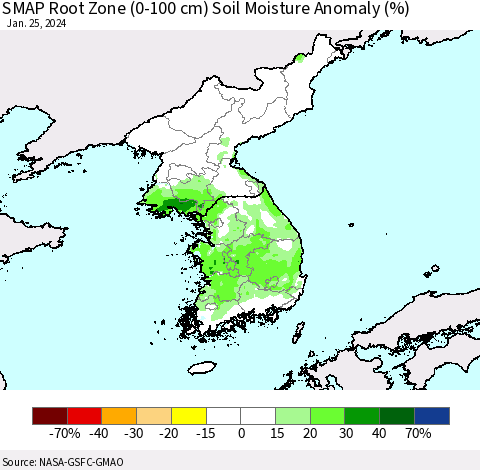 Korea SMAP Root Zone (0-100 cm) Soil Moisture Anomaly (%) Thematic Map For 1/21/2024 - 1/25/2024