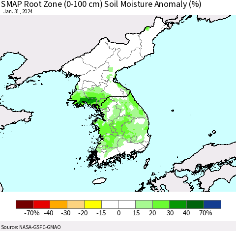Korea SMAP Root Zone (0-100 cm) Soil Moisture Anomaly (%) Thematic Map For 1/26/2024 - 1/31/2024