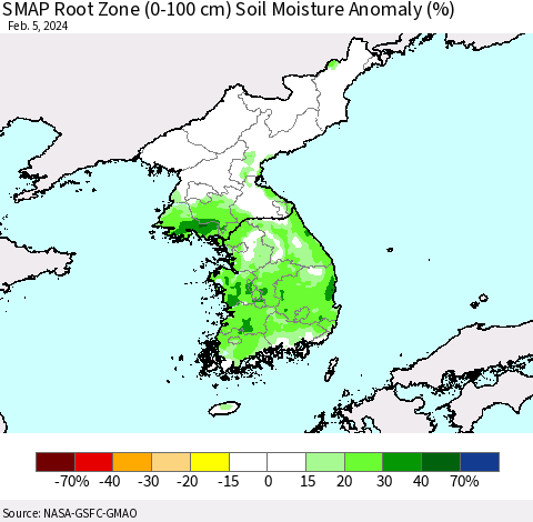 Korea SMAP Root Zone (0-100 cm) Soil Moisture Anomaly (%) Thematic Map For 2/1/2024 - 2/5/2024
