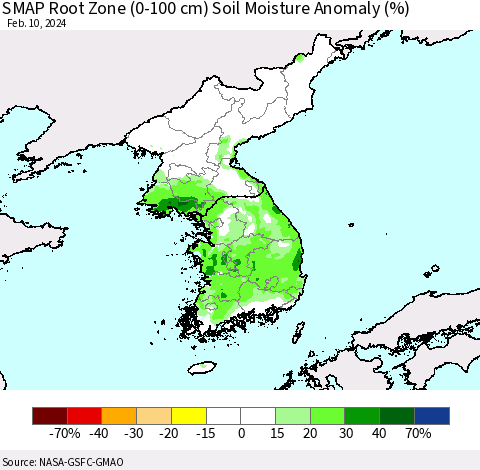 Korea SMAP Root Zone (0-100 cm) Soil Moisture Anomaly (%) Thematic Map For 2/6/2024 - 2/10/2024