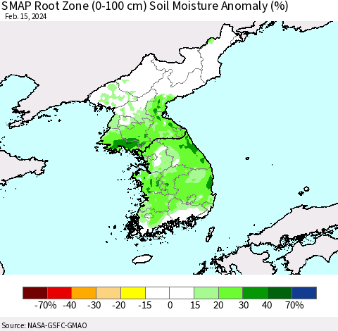 Korea SMAP Root Zone (0-100 cm) Soil Moisture Anomaly (%) Thematic Map For 2/11/2024 - 2/15/2024