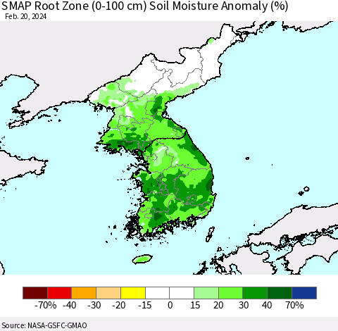 Korea SMAP Root Zone (0-100 cm) Soil Moisture Anomaly (%) Thematic Map For 2/16/2024 - 2/20/2024