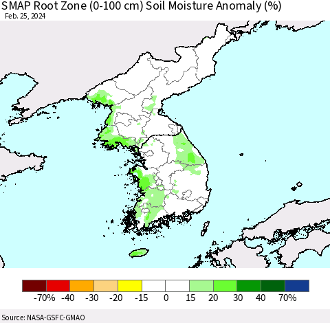 Korea SMAP Root Zone (0-100 cm) Soil Moisture Anomaly (%) Thematic Map For 2/21/2024 - 2/25/2024