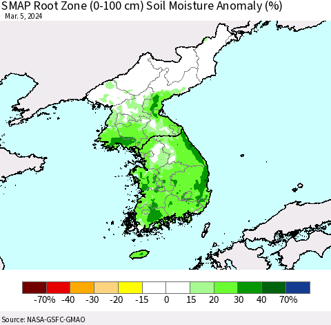 Korea SMAP Root Zone (0-100 cm) Soil Moisture Anomaly (%) Thematic Map For 3/1/2024 - 3/5/2024