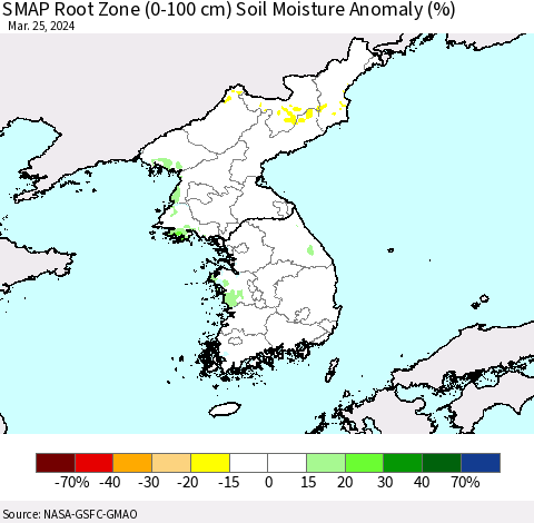 Korea SMAP Root Zone (0-100 cm) Soil Moisture Anomaly (%) Thematic Map For 3/21/2024 - 3/25/2024