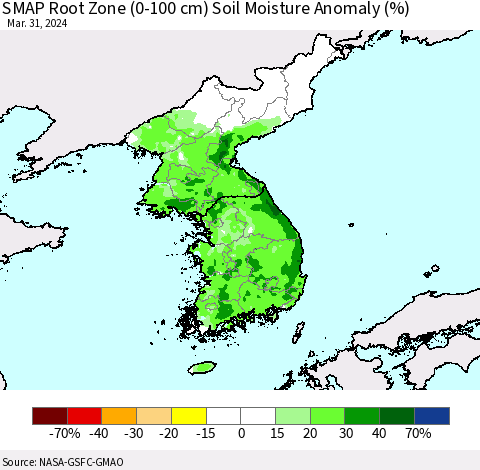 Korea SMAP Root Zone (0-100 cm) Soil Moisture Anomaly (%) Thematic Map For 3/26/2024 - 3/31/2024