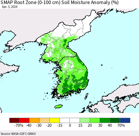 Korea SMAP Root Zone (0-100 cm) Soil Moisture Anomaly (%) Thematic Map For 4/1/2024 - 4/5/2024