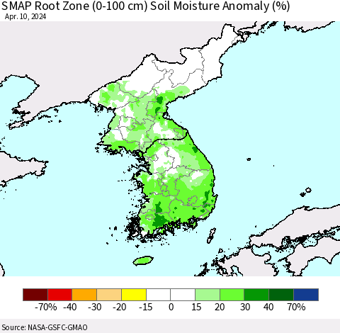 Korea SMAP Root Zone (0-100 cm) Soil Moisture Anomaly (%) Thematic Map For 4/6/2024 - 4/10/2024