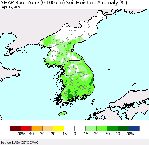 Korea SMAP Root Zone (0-100 cm) Soil Moisture Anomaly (%) Thematic Map For 4/11/2024 - 4/15/2024