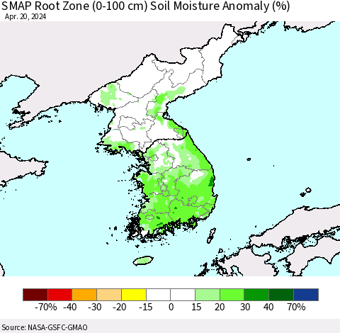 Korea SMAP Root Zone (0-100 cm) Soil Moisture Anomaly (%) Thematic Map For 4/16/2024 - 4/20/2024