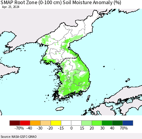 Korea SMAP Root Zone (0-100 cm) Soil Moisture Anomaly (%) Thematic Map For 4/21/2024 - 4/25/2024