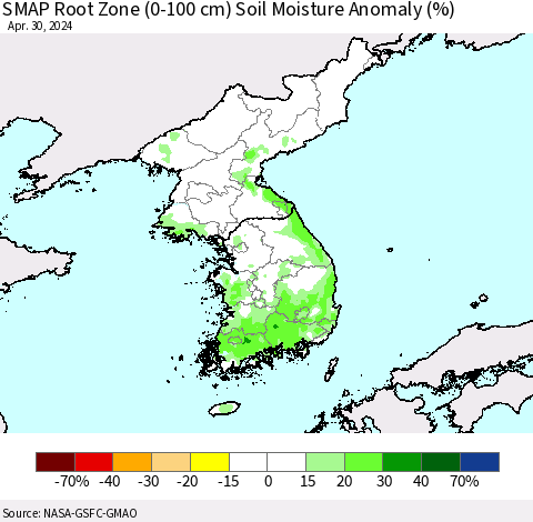Korea SMAP Root Zone (0-100 cm) Soil Moisture Anomaly (%) Thematic Map For 4/26/2024 - 4/30/2024