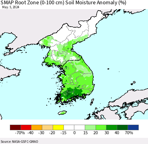 Korea SMAP Root Zone (0-100 cm) Soil Moisture Anomaly (%) Thematic Map For 5/1/2024 - 5/5/2024