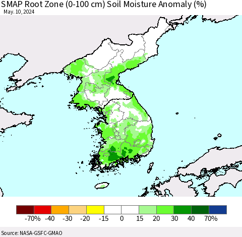 Korea SMAP Root Zone (0-100 cm) Soil Moisture Anomaly (%) Thematic Map For 5/6/2024 - 5/10/2024