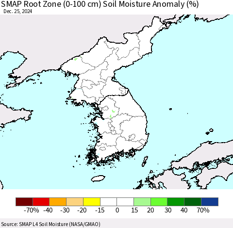 Korea SMAP Root Zone (0-100 cm) Soil Moisture Anomaly (%) Thematic Map For 12/21/2024 - 12/25/2024