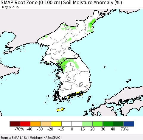 Korea SMAP Root Zone (0-100 cm) Soil Moisture Anomaly (%) Thematic Map For 5/1/2025 - 5/5/2025