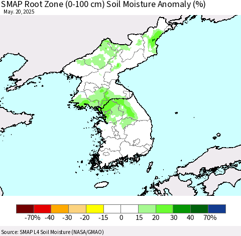 Korea SMAP Root Zone (0-100 cm) Soil Moisture Anomaly (%) Thematic Map For 5/16/2025 - 5/20/2025