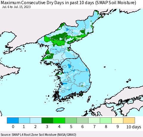 Korea Maximum Consecutive Dry Days in past 10 days (SMAP Soil Moisture) Thematic Map For 7/11/2023 - 7/15/2023