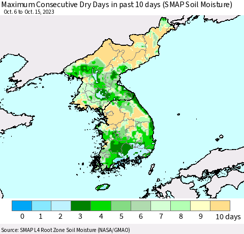 Korea Maximum Consecutive Dry Days in past 10 days (SMAP Soil Moisture) Thematic Map For 10/11/2023 - 10/15/2023
