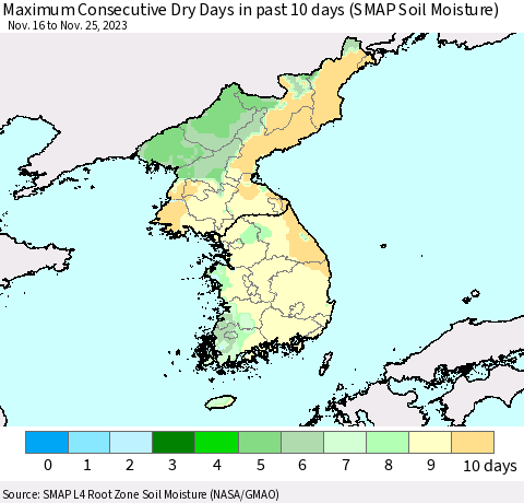 Korea Maximum Consecutive Dry Days in past 10 days (SMAP Soil Moisture) Thematic Map For 11/21/2023 - 11/25/2023