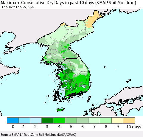 Korea Maximum Consecutive Dry Days in past 10 days (SMAP Soil Moisture) Thematic Map For 2/21/2024 - 2/25/2024