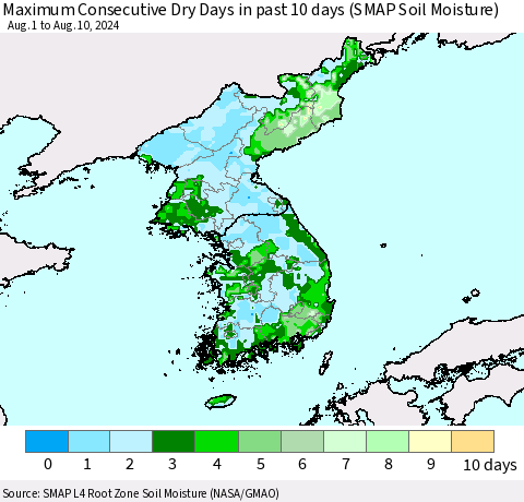 Korea Maximum Consecutive Dry Days in past 10 days (SMAP Soil Moisture) Thematic Map For 8/6/2024 - 8/10/2024
