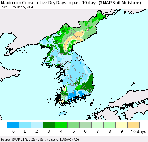 Korea Maximum Consecutive Dry Days in past 10 days (SMAP Soil Moisture) Thematic Map For 10/1/2024 - 10/5/2024