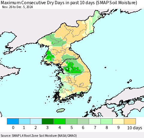 Korea Maximum Consecutive Dry Days in past 10 days (SMAP Soil Moisture) Thematic Map For 12/1/2024 - 12/5/2024