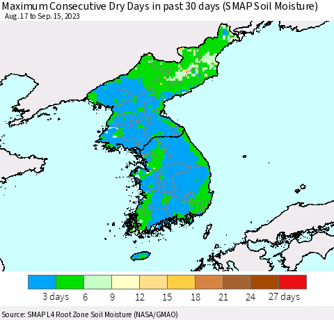 Korea Maximum Consecutive Dry Days in past 30 days (SMAP Soil Moisture) Thematic Map For 9/11/2023 - 9/15/2023