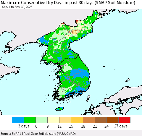 Korea Maximum Consecutive Dry Days in past 30 days (SMAP Soil Moisture) Thematic Map For 9/26/2023 - 9/30/2023